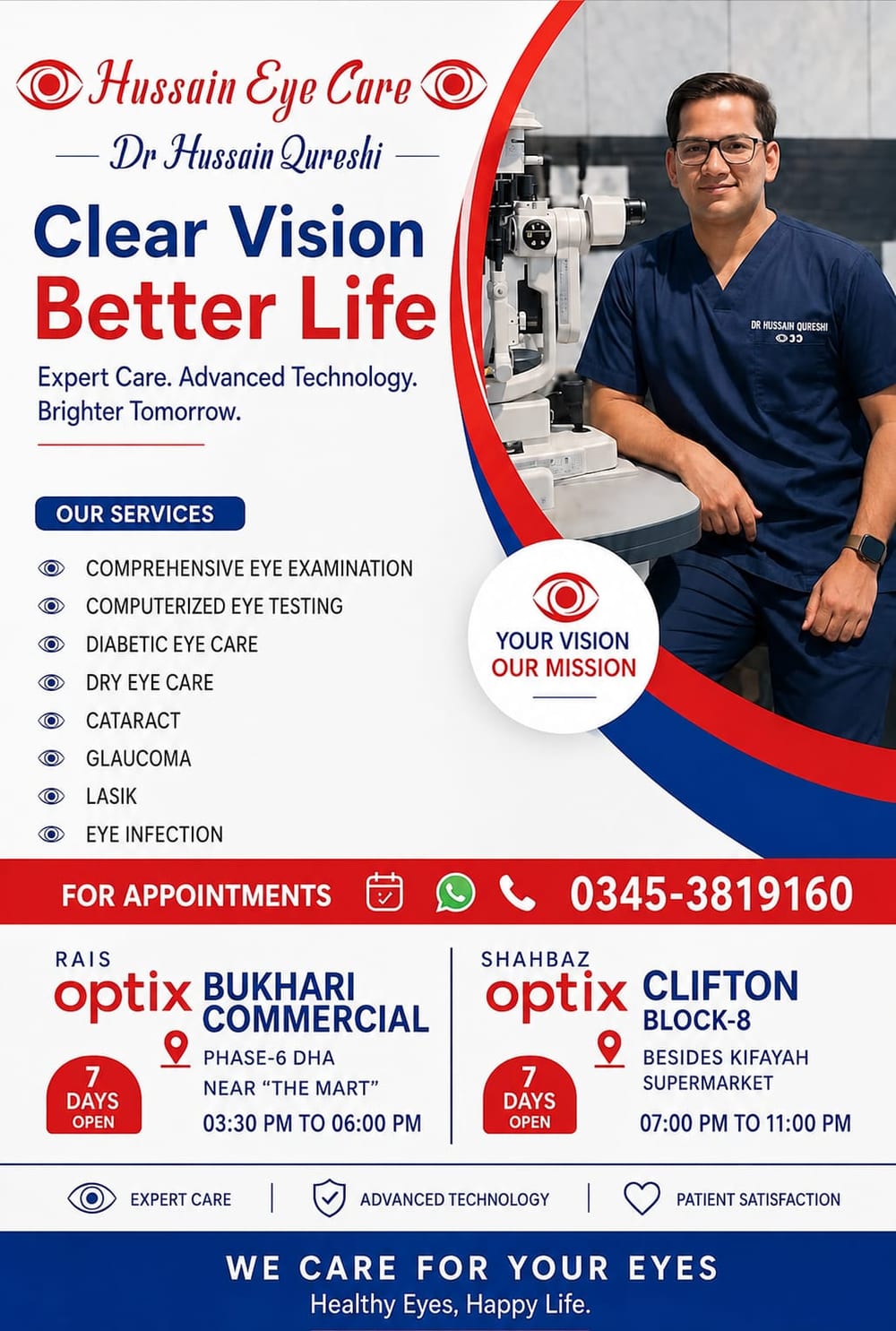 Hussain Eye Care services poster — comprehensive eye examination, computerized eye testing, diabetic eye care, dry eye care, cataract, glaucoma, LASIK and eye infection. Appointments on 0345-3819160. Rais Optix, Bukhari Commercial, Phase 6 DHA, 3:30–6:00 PM. Shahbaz Optix, Clifton Block 8, 7:00–11:00 PM. Open 7 days.