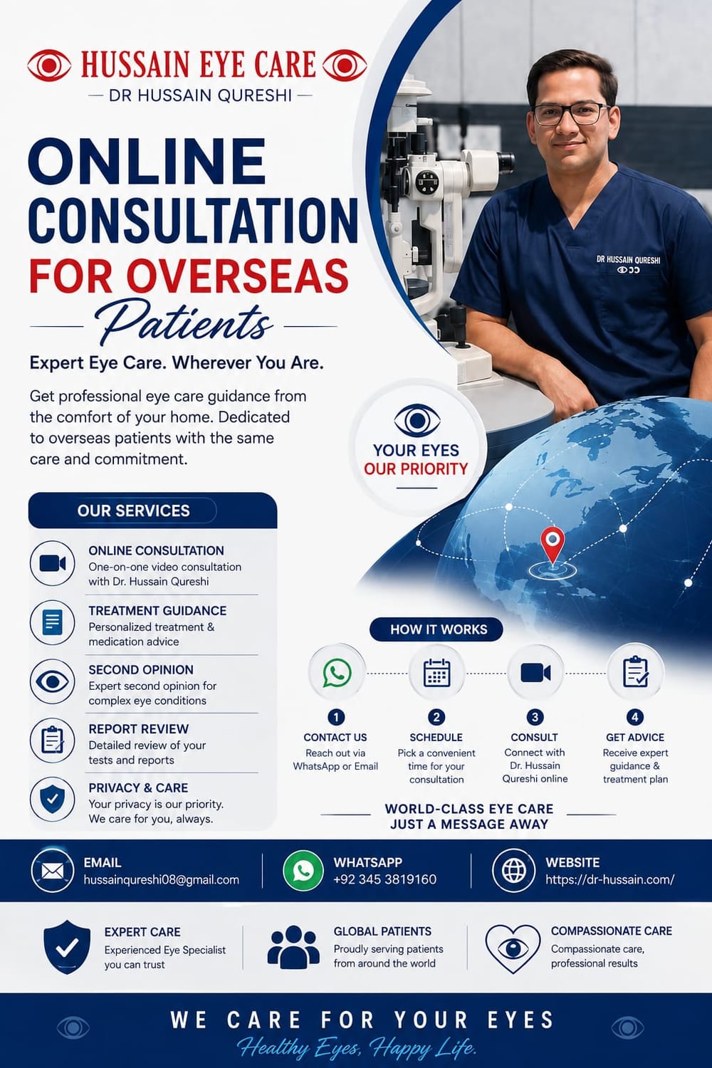 Hussain Eye Care online consultation for overseas patients — video consultation, treatment guidance, second opinion, and report review with Dr. Hussain Qureshi.